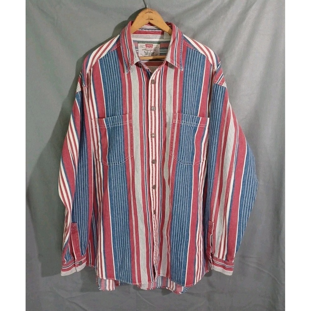 Vintage Levis Shirt Mens Large Red White Blue Denim Western Heavyweight
